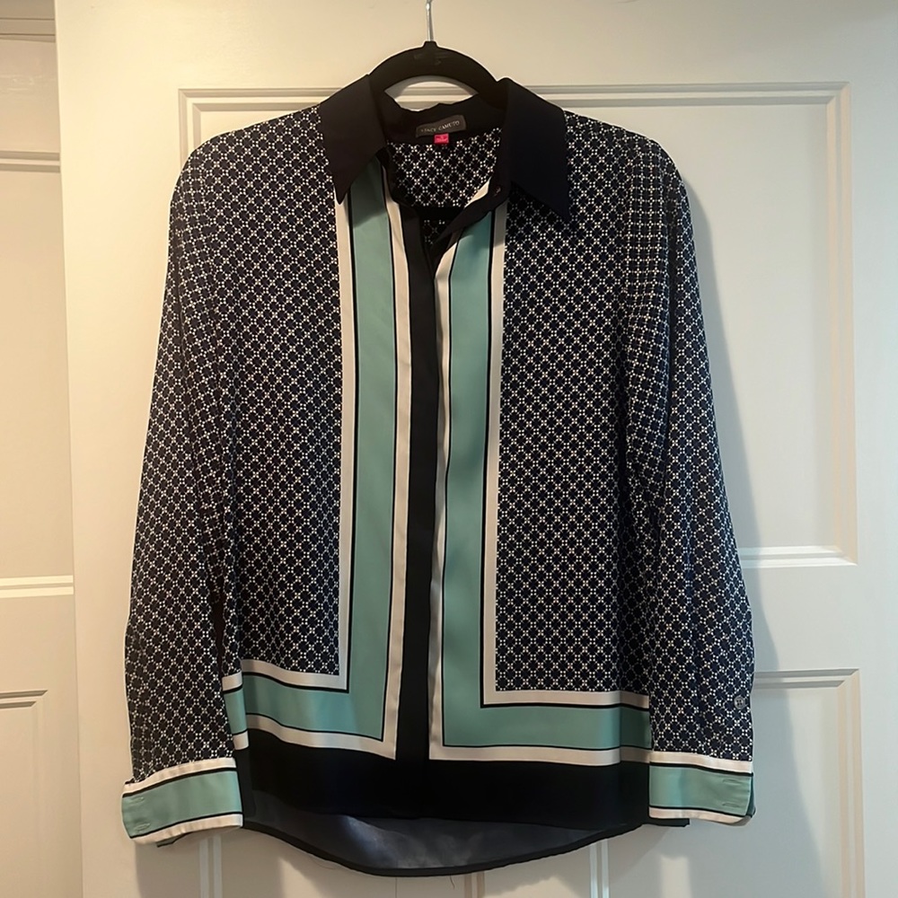 Button down color block and printed blouse